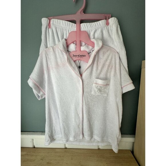 Juicy Couture Pj Set Women’s Sz CL Rhinestones Studded Logo In White Terry Cloth - Picture 6 of 6